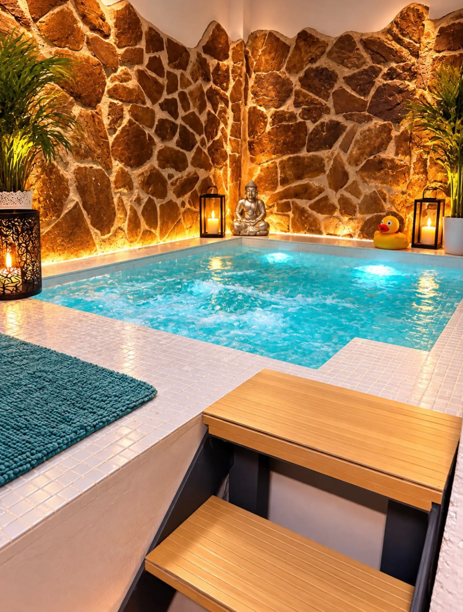 El jacuzzi de Tándem rodeado de piedra e iluminación cálida